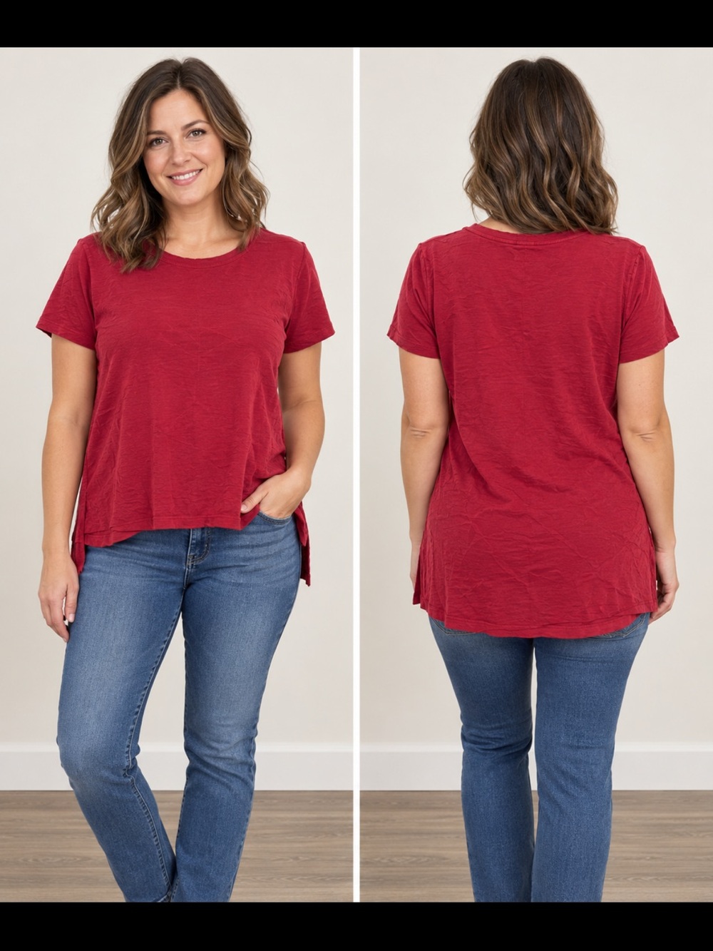 NWT woman’s Alfani notched side smooth shirt size medium red Burgundy color